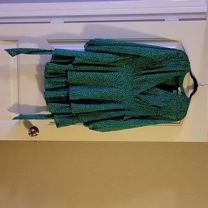 Green dotted flowy dress with scrunched up waist, V-neckline.